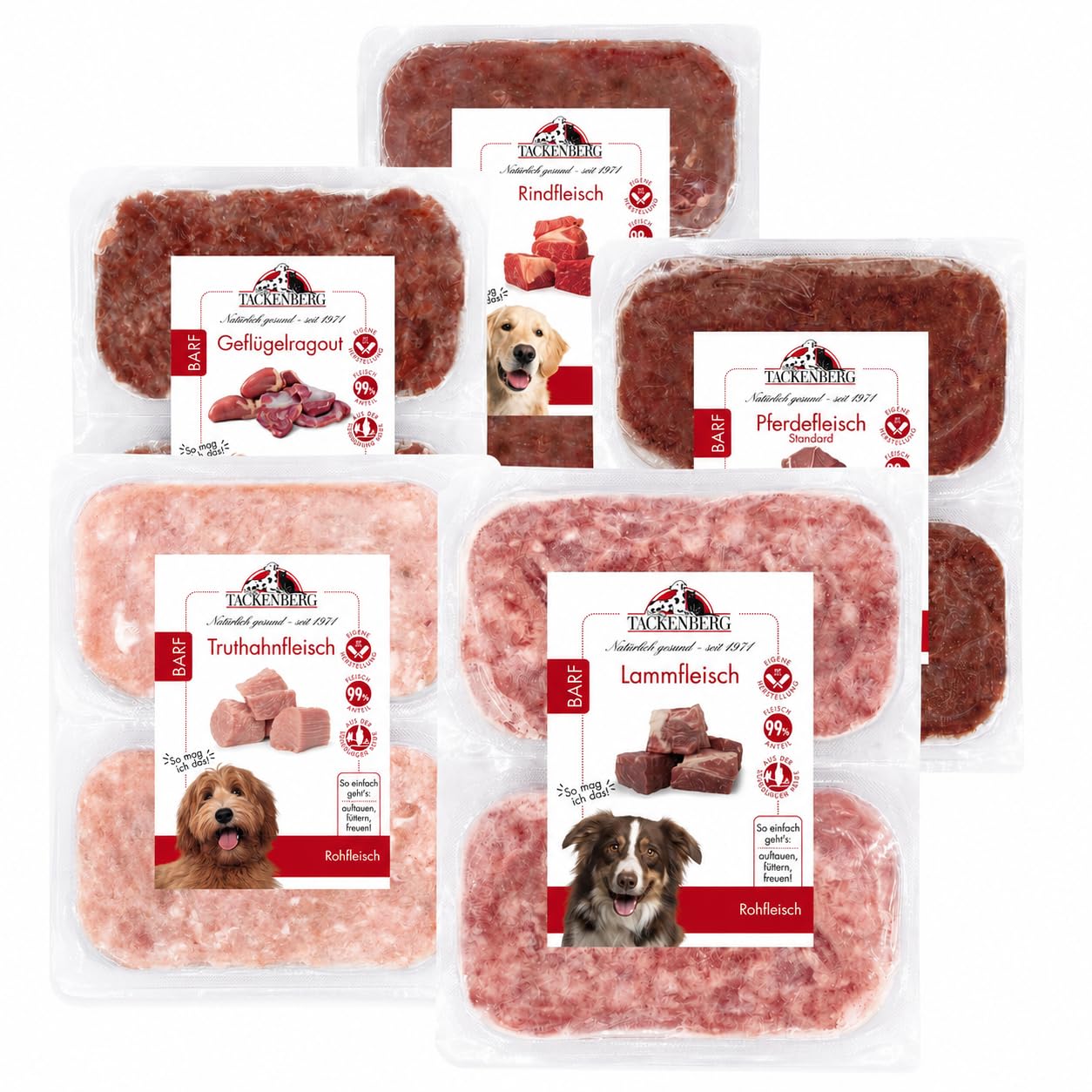 TACKENBERG 5kg Barf Premium Mix-Paket für Hunde. 5 Sorten Barf Fleisch für Hunde