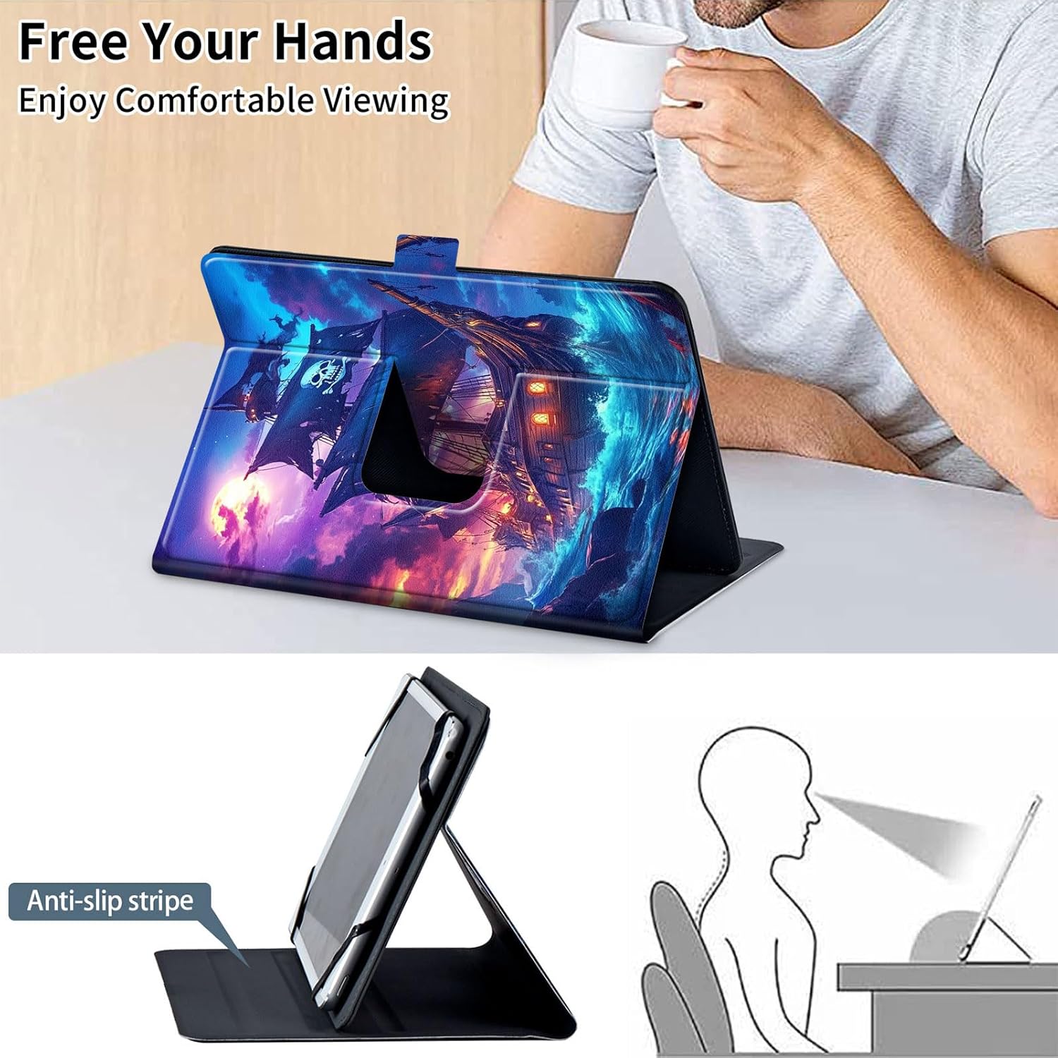 Universal 10 Inch Tablet Case, 10.1 Inch Tablet Case with 360 Rotating Stand, PU Leather Folio Cover, Compatible with Fire HD 10 2023, Galaxy Tab, iPad 9th/ 8th, Pirate Ship