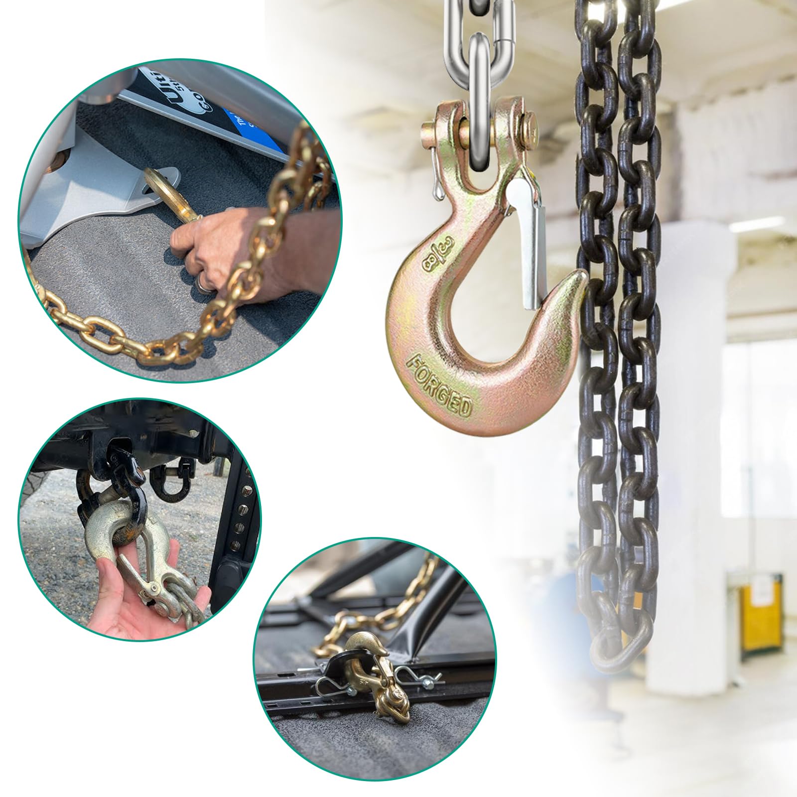 Gancio antiscivolo G70 da 3/8" con chiusura di sicurezza, confezione da 4 ganci antiscivolo resistenti per catena di trasporto di grado 70 da 3/8", capacità 2993,7 kg per carichi pesanti