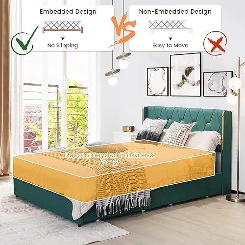 Miniatura 6 de KOTEK Base de cama tapizada de tamaño matrimonial con 4 cajones, base de cama de plataforma con cabecera copetuda con botones y soporte de listones
