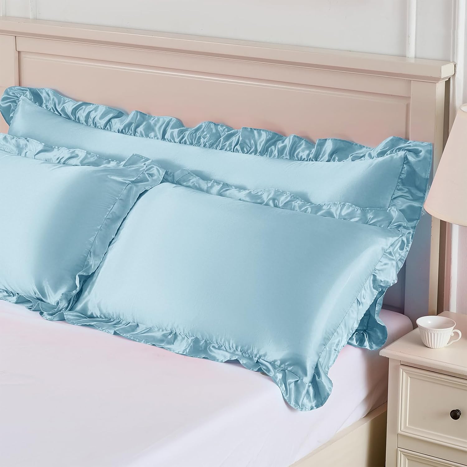 NSGZ Ruffled Satin Pillowcase Set of 2, Queen Size Silky Pillow Shams for Hair and Skin Care, Baby Blue Satin Pillow Covers with Envelope Closure, Anti Wrinkle Pillow Cases for Kid Room Decor thumbnail