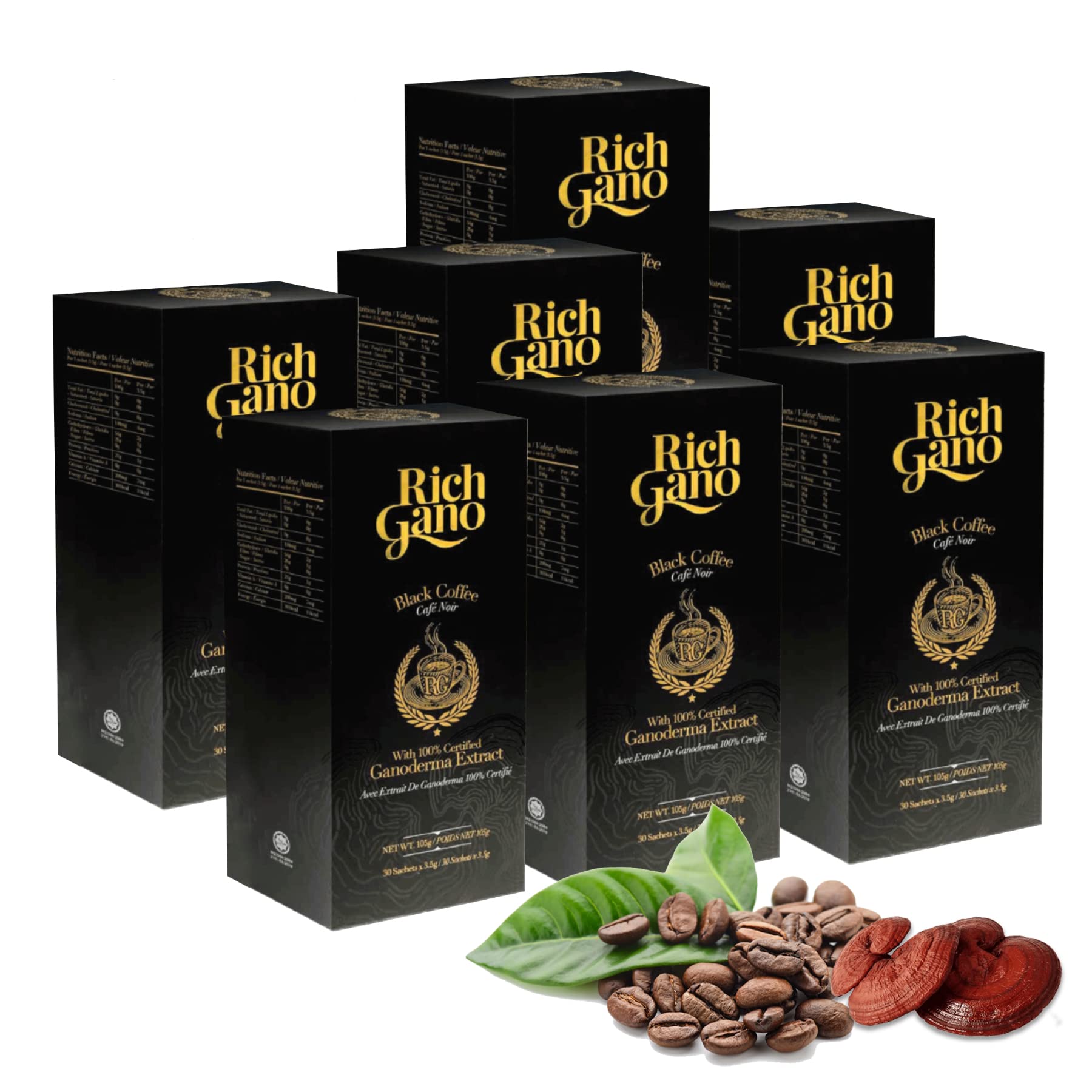 Rich gano Reishi Mushroom Coffee – (7 Boxes of 30 Sachets) Black Coffee with Ganoderma Extract – All Natural Vegan Friendly Instant Coffee Packets –