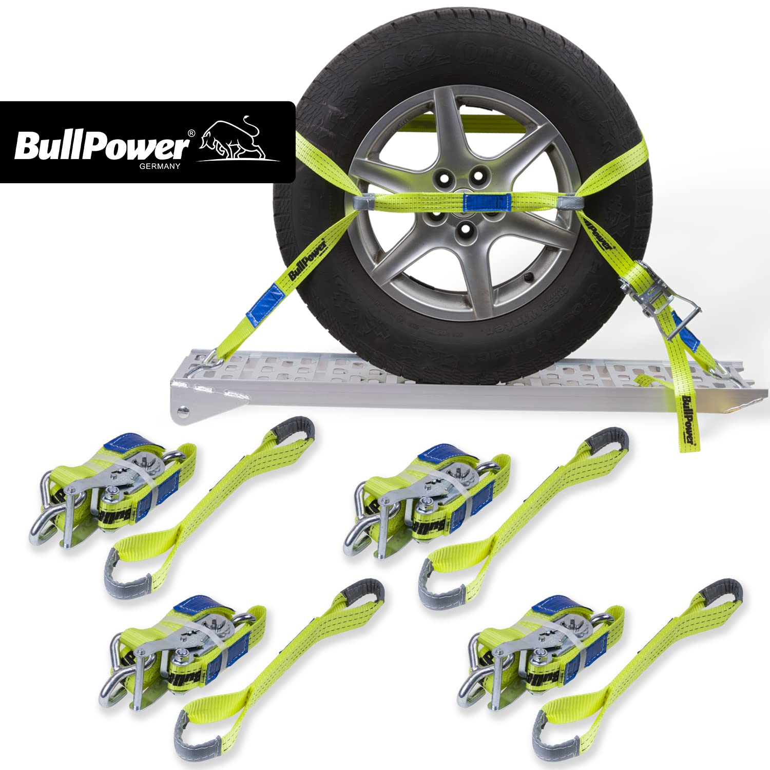 4X BullPower Spanngurte AZG151 - Autotransport PKW Zurrgurte Reifengurte Transportsicherungen 35mm - LC 3000 kg/daN mit Trapezband, Ratsche und Haken