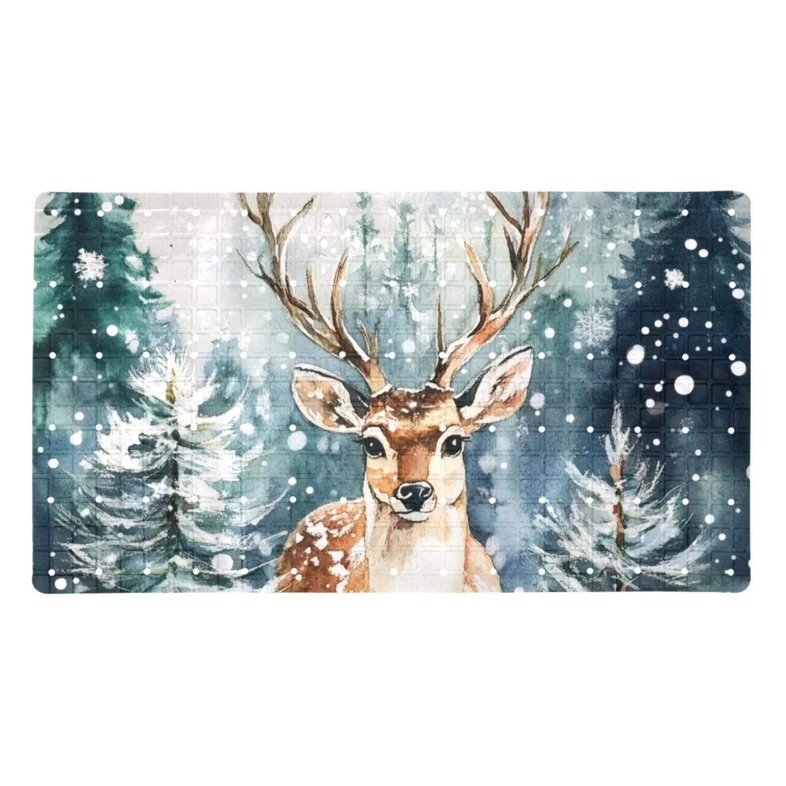 Rutschfeste Badematten für Badezimmer, rechteckig, maschinenwaschbar, 40 x 70 cm, Wasserfarben, Motiv: Winterwald, Hirsch, Kiefernbaum, Schneeflocke, 15,7 x 27,9 cm