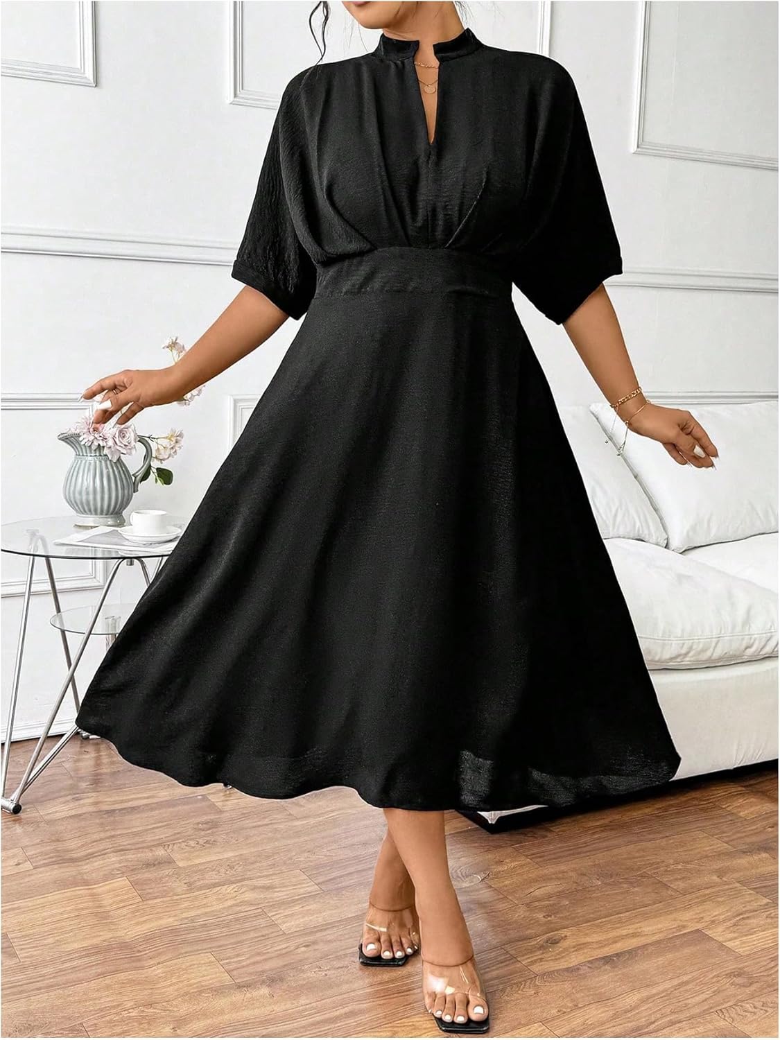 WDIRARA Women's Plus Size Textured Ruffle Flowy Midi Dress Notched V Neck Half Sleeve A Line Dresses - Image 4