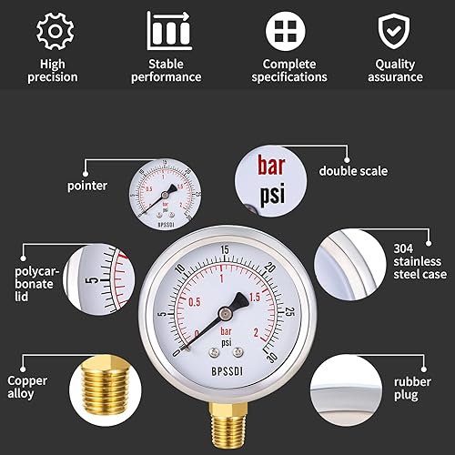 Miniatura 3 de Medidor de baja presión de 0-30 psi, tamaño de dial de 2.5", montaje inferior NPT de 14", caja de acero inoxidable 304, prueba de medidor de presión