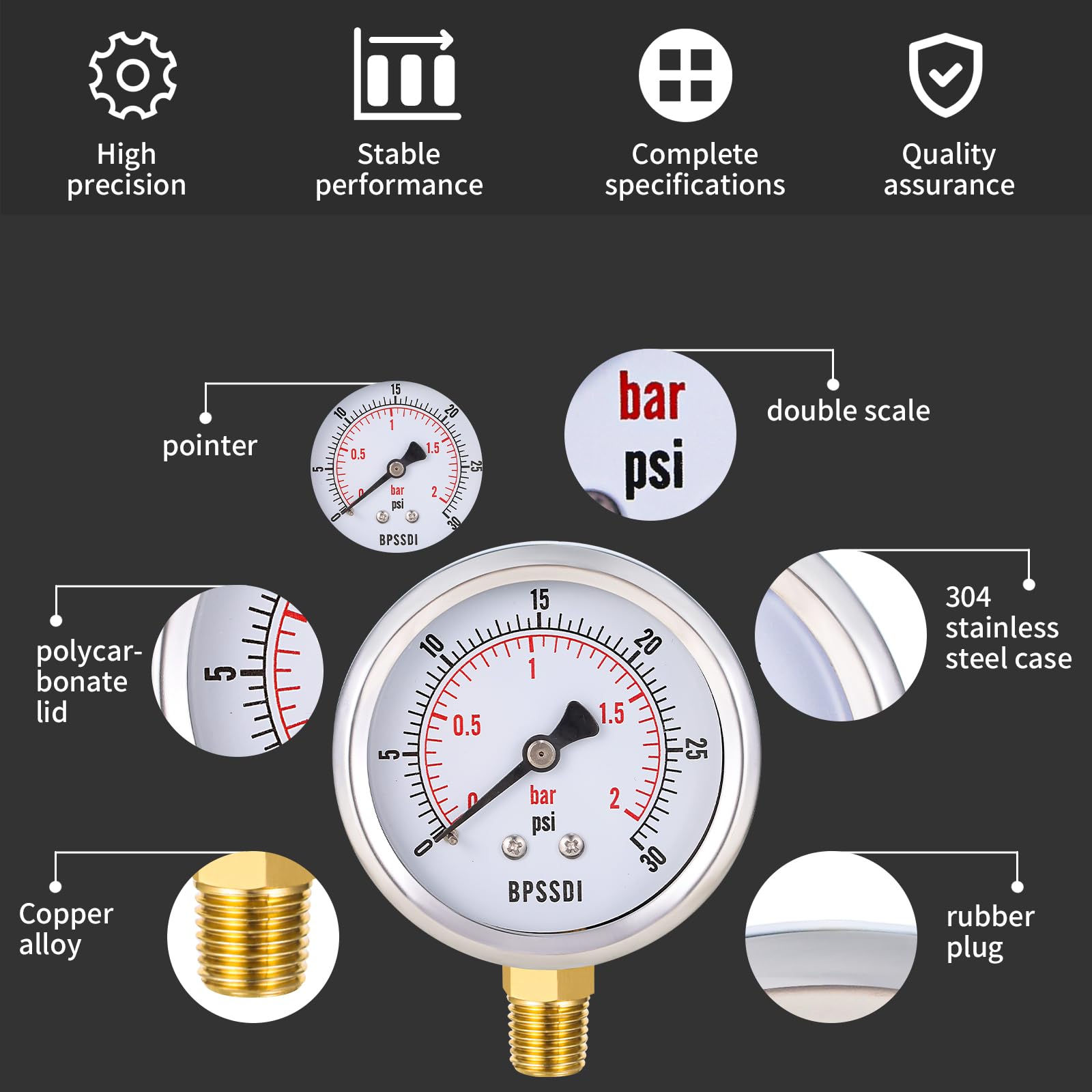 Stainless Steel Pressure Gauge - 0-30 PSI -3