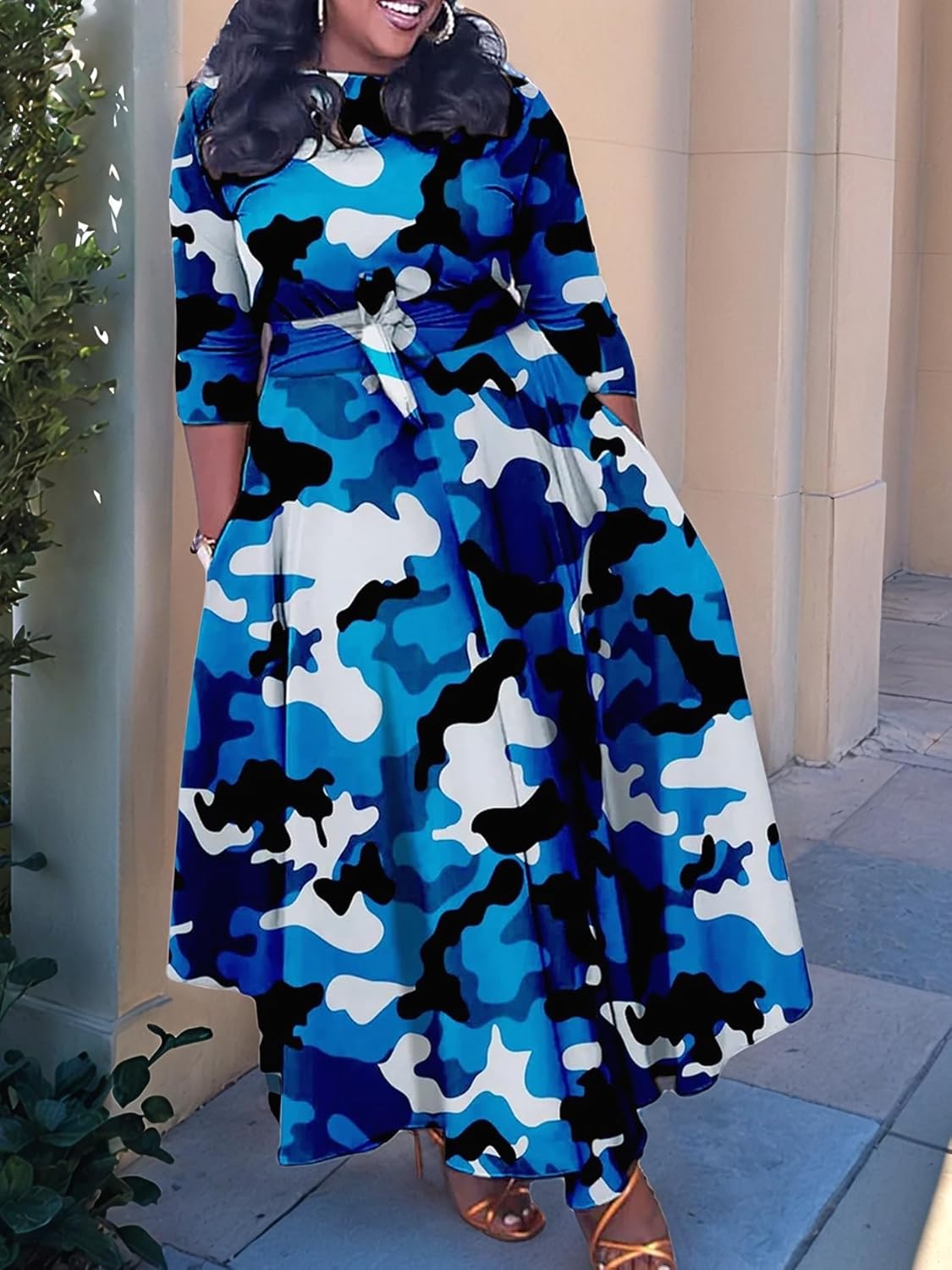 Plus Size Dress for Curvy Women Stretch Self Tie A-Line Maxi Dress with Pockets Swing Long Outfit - Image 4