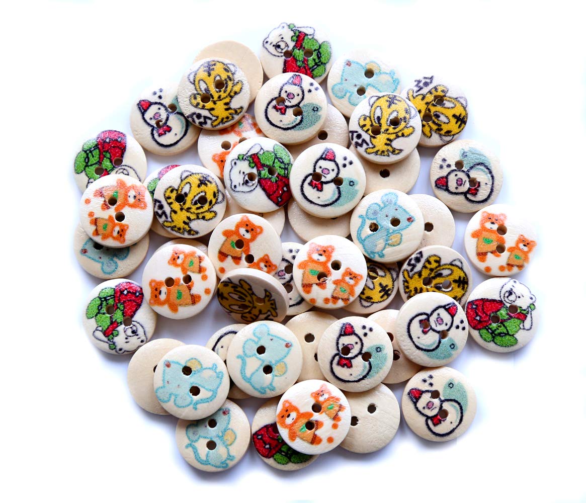 BAICUN 15mm Wooden Buttons Multicolored 2 Hole Mixed Round Sewing DIY Buttons for Craft with Box 100PCS