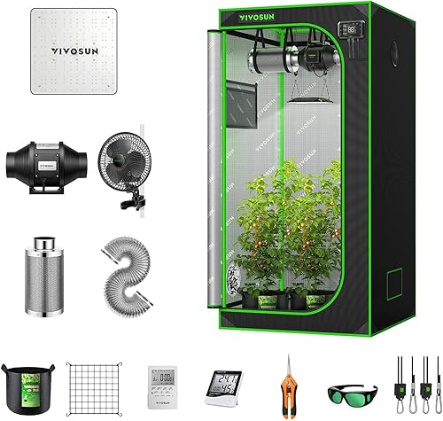 VIVOSUN Kit de tienda de cultivo de 2.7 x 2.7 pies y ventilador de clip para tienda de cultivo AeroWave A6, con luz LED VS1000 de 4 pulgadas, filtro