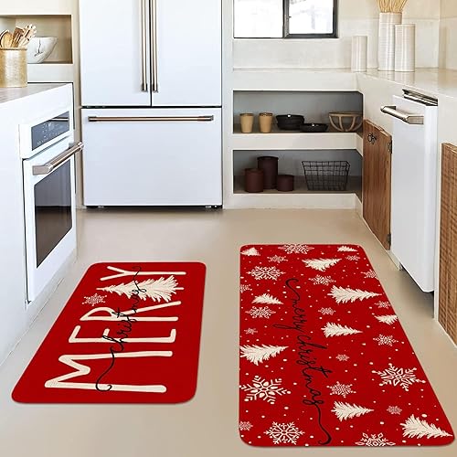 Miniatura 5 de Red Christmas Kitchen Rugs Set of 2 Xmas Trees Snowflake Kitchen Mat for Floor Winter Holiday Non-Slip Kitchen Sink Mats Kitchen Decor Feliz Navidad