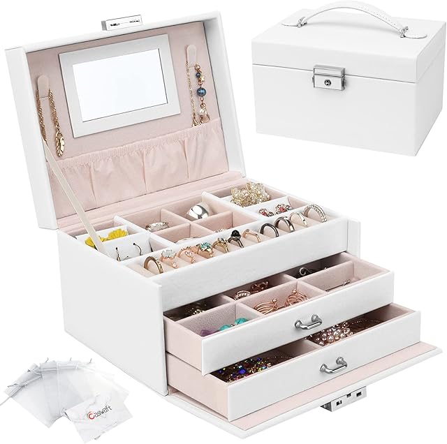 Jewellery Box Organiser, 3 Layers PU Leather Jewelry Storage Case with Mirror and Lock, Lockable Jewellery Organiser with 2 Drawers for Rings, Bracelets, Earrings, White