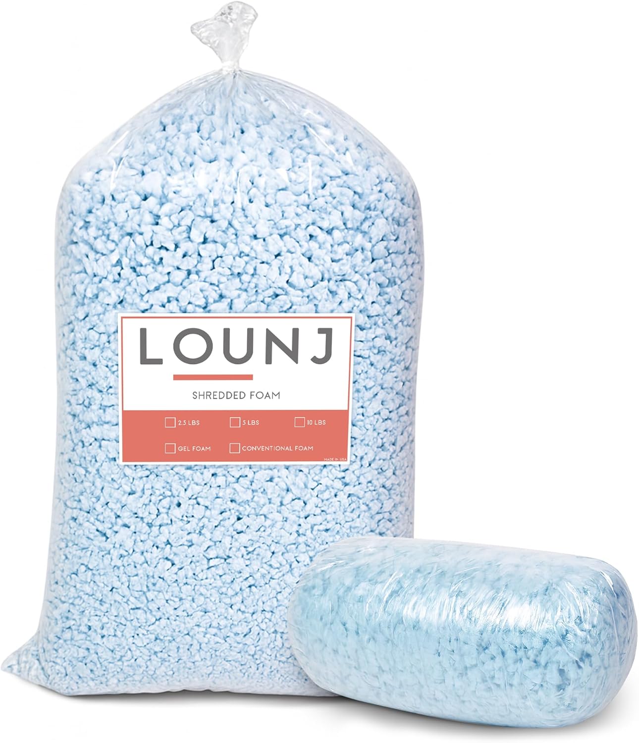 Lounj Shredded Memory Foam Fill for Cushions, Crafts, Bean Bags, Pillows, or Dog Beds, Made in The USA (20 LB), BLUE