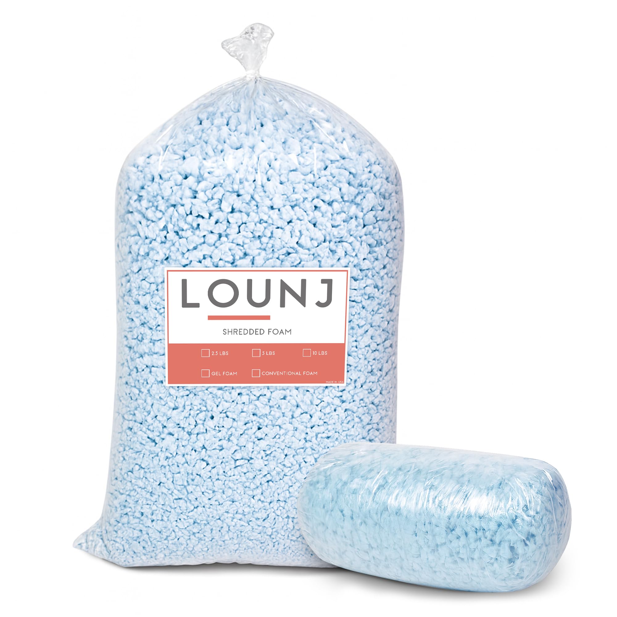LOUNJ 2.5lbs Shredded Memory Foam Filling for Bean Bag Filler, Pillow Chair Cushion Arts Crafts Refill, with Gel Particles, Premium Soft and Great for