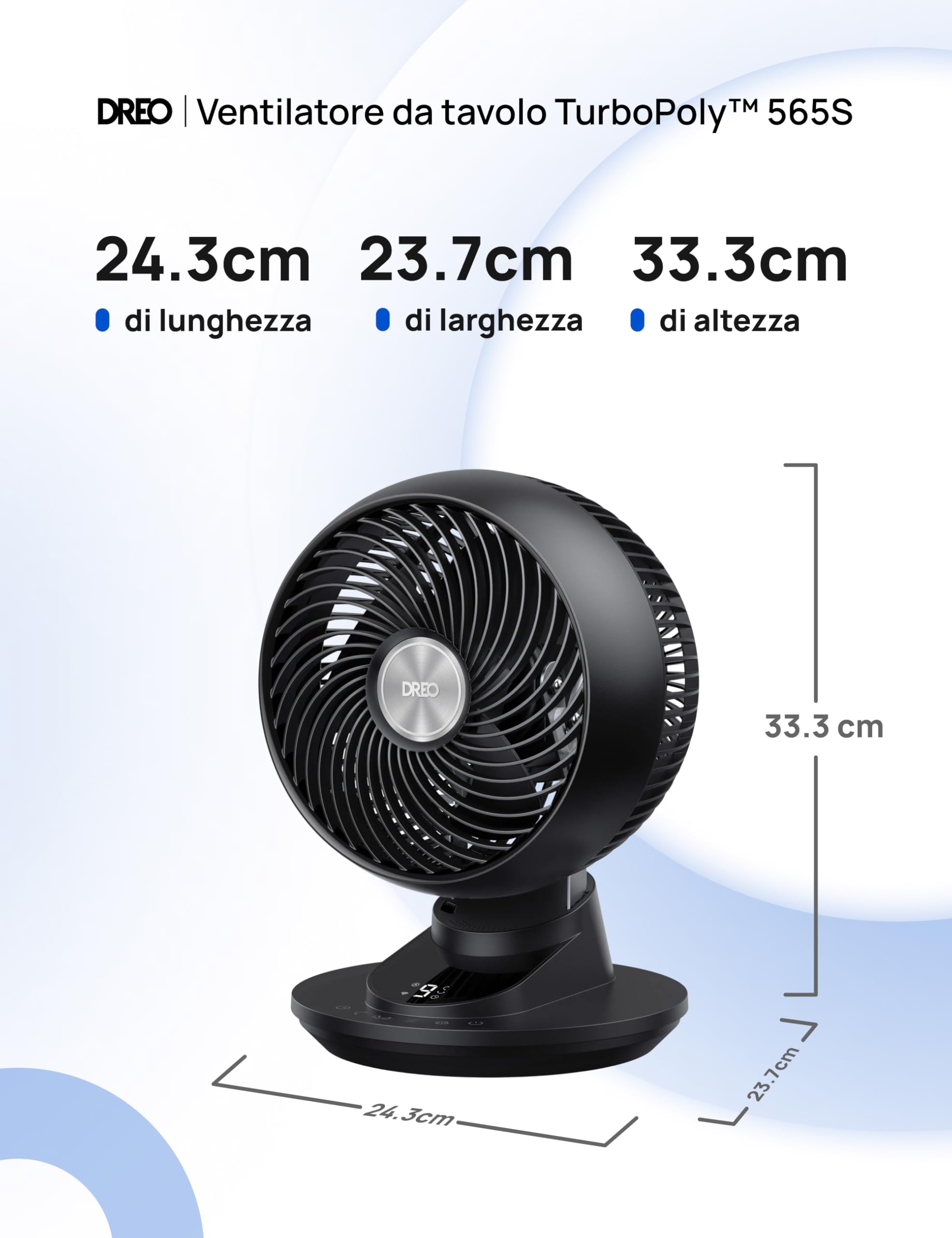 DREO ventilatore da tavolo intelligente 3D per camera, flusso d’aria potente 8,8 m/s, ultra silenzioso 22 dB, oscillazione 90°, controllo app e vocale, 9 velocità, timer 8/12 h per casa e ufficio.