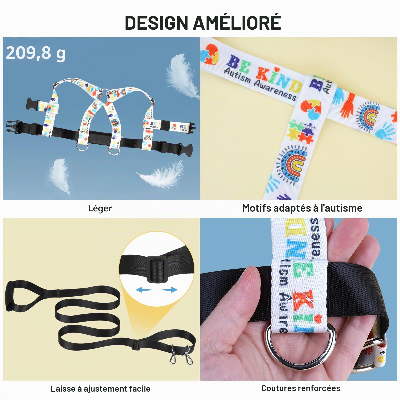 Harnais de marche et laisse de sécurité pour enfants autistes et besoins spéciaux avec sangle facile à régler + poignée d'urgence
