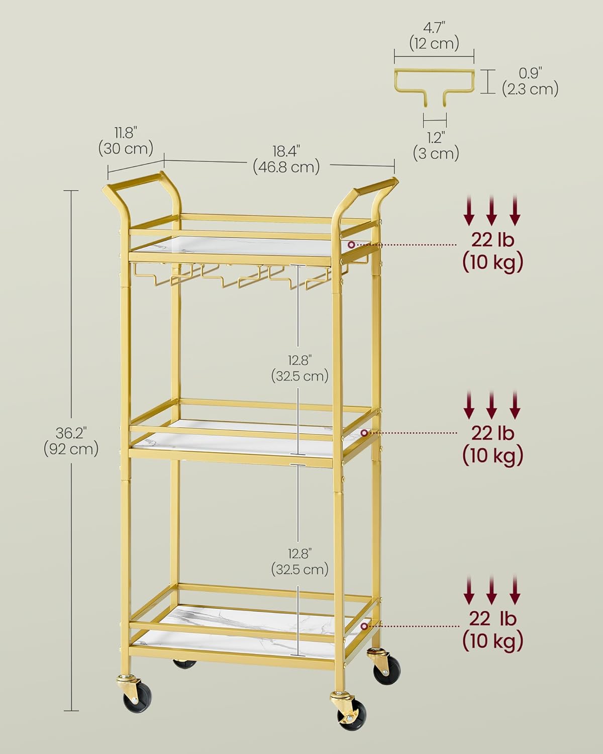 Diagram showing dimensions and weight capacity of the bar cart