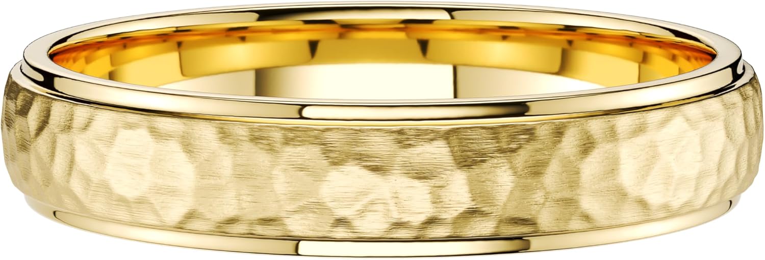 THELANDA Hammered Solid 14K / 10K White/Yellow Gold Unisex 4mm Wide Wedding Band Ring Raised Center Polished Sides