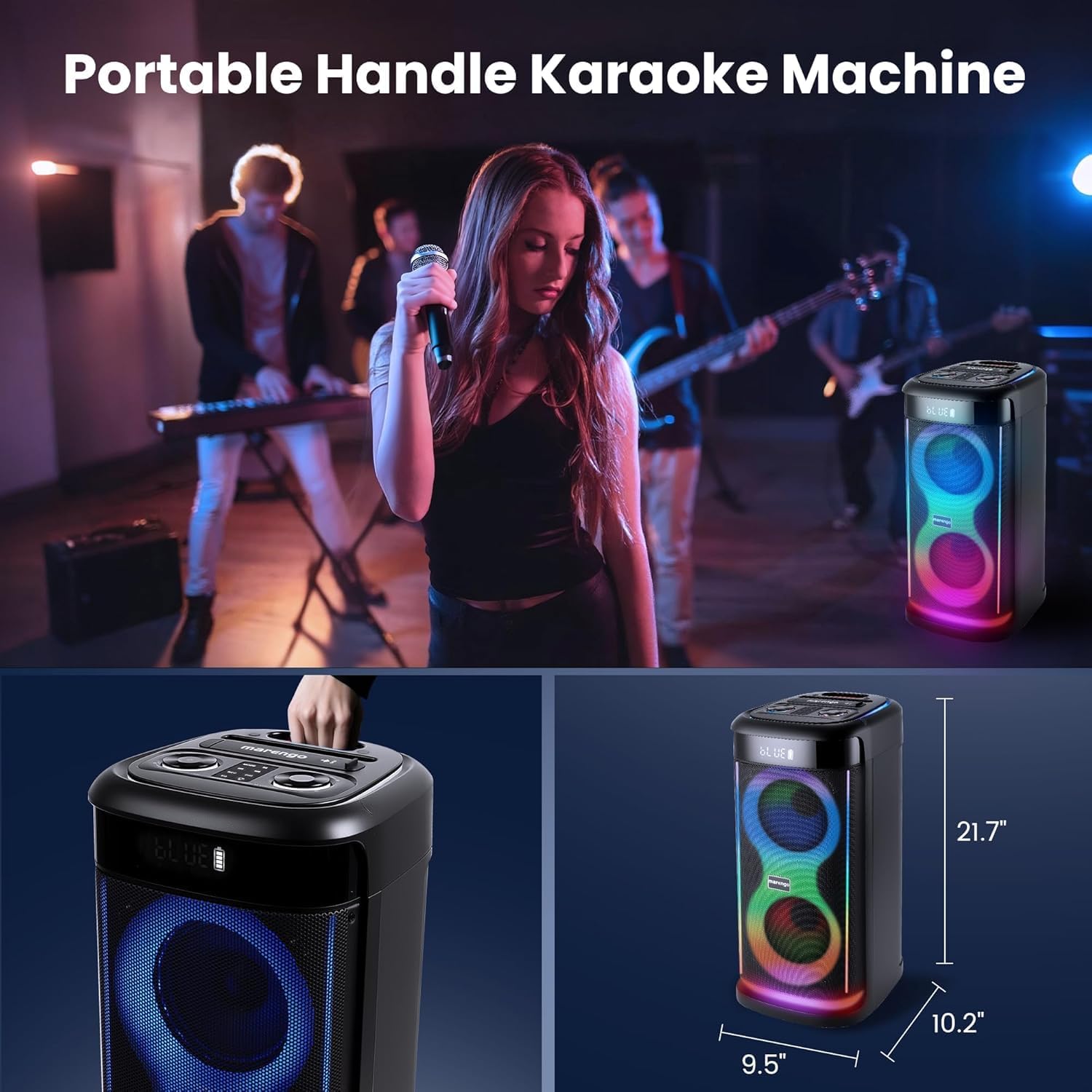 Marengo Karaoke Machine for Adults, Portable Bluetooth Speaker with 2 Wireless Microphones 500W(Peak), RGB Light Show, 10H, TWS Party Speaker for Party Indoor Outdoor Backyard-Supports USB/AUX/Mic-in