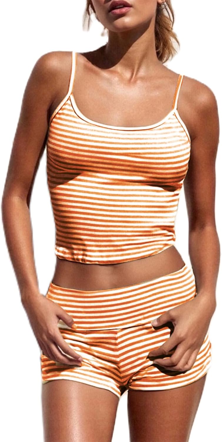 Women Fashion Striped 2 Piece Lounge Set Camisole Crop Top and Fold Over Shorts Pajama Sets Streetwear - Image 2