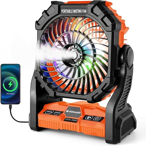 Odoland Ventilador de campamento de 20000 mAh, ventilador de nebulización portátil con luz, ventiladores de tienda Mister recargables a pilas con