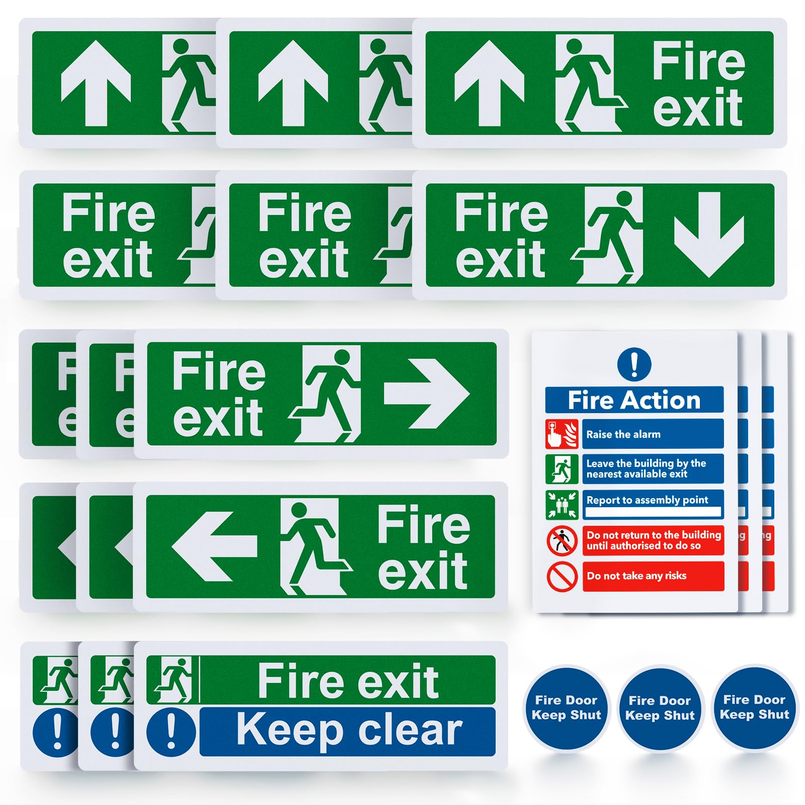 21pcs Premium Fire Exit Sign Kit (Right, Left, Up, Down Arrow) - Fire Action Notice Sign, Keep Clear, Door Keep Shut, Self Adhesive Vinyl Sticker EN ISO 7010 Compliant