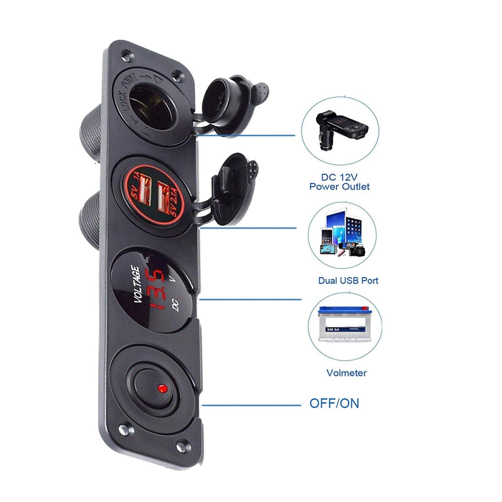 4-otworowy panel przełącznika bazowego, do samochodu ciężarowego, łodzi, akcesoriów, 3.1A, podwójna ładowarka USB, 12V gniazdo zasilania woltomierza
