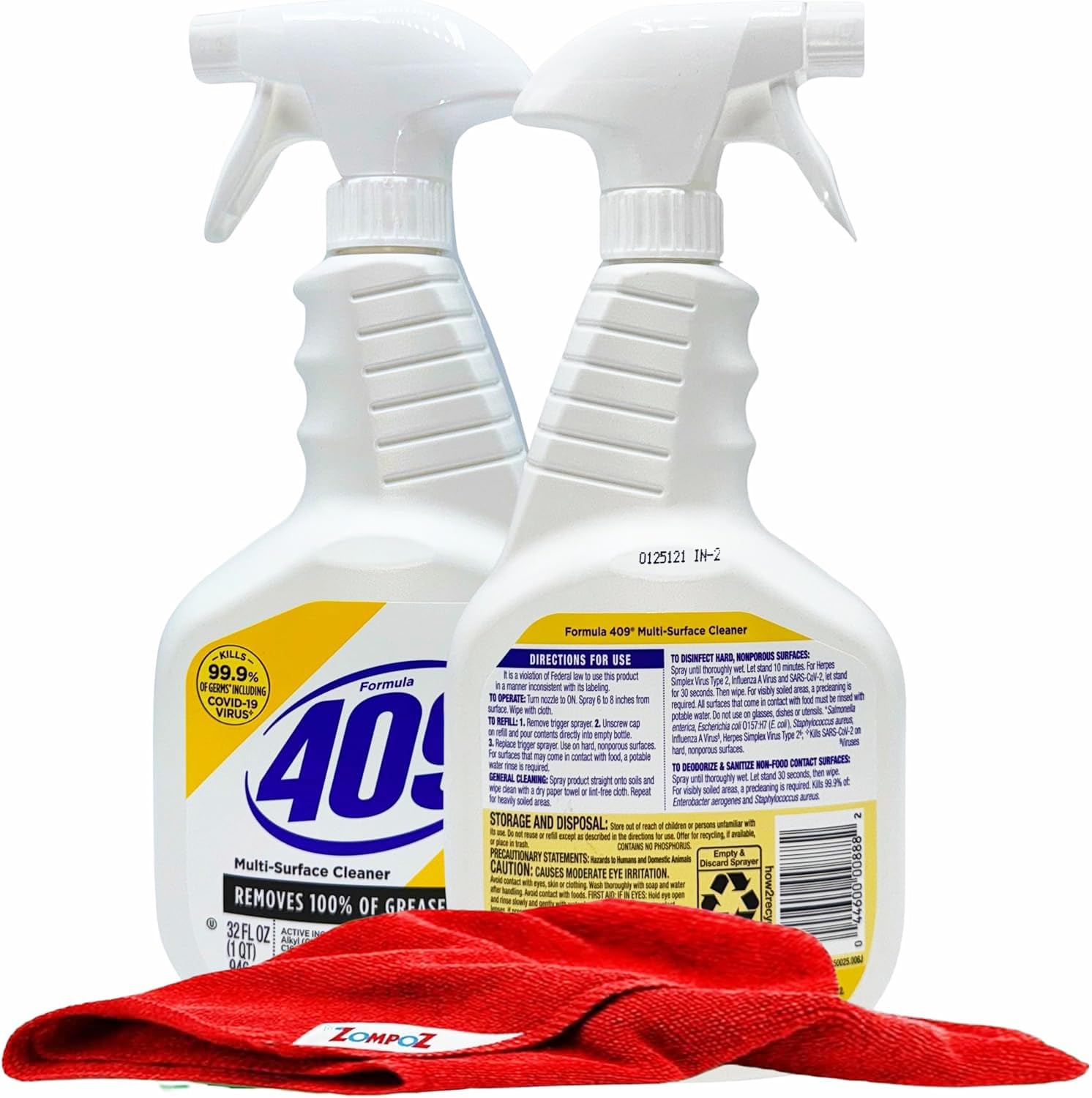 ZompoZ Multi Surface Cleaner Spray, 2 Pack Lemon Fresh Scent, All Purpose Cleaner and Degreaser, Kitchen and Bathroom Cleaner, 32 oz. Each Plus Microfiber Cleaning Cloth
