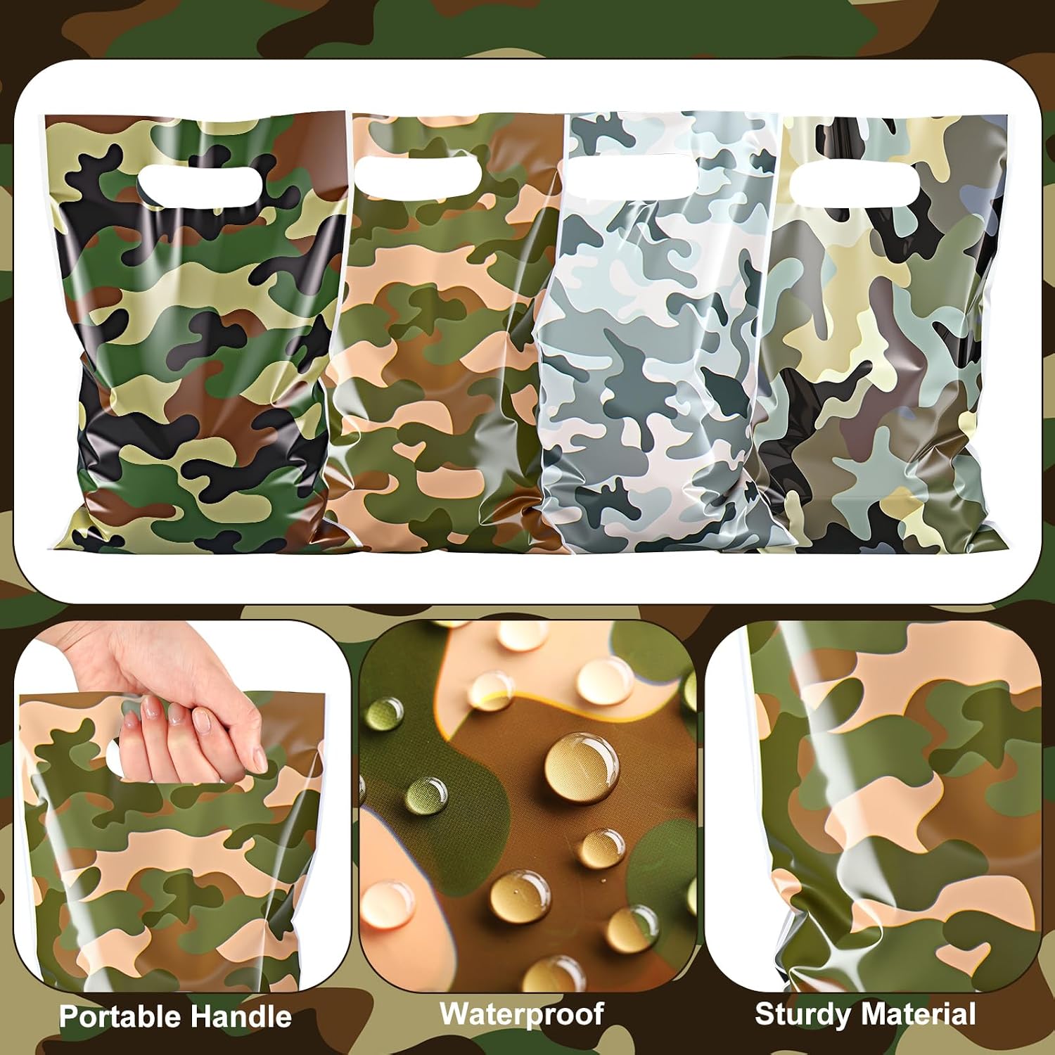 Xuniea 100 Pcs Camo Party Favor Bags Bulk Camouflage Goody Candy Treat Bags Army Themed Khaki Plastic Gifts Decorations for Camping Veteran Soldier Birthday Baby Shower Gifts Supplies image 3