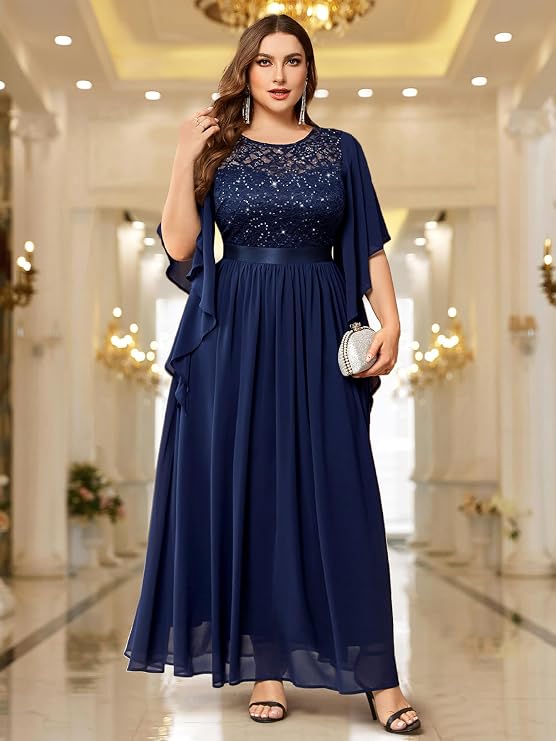 Miusol Women's Plus Size Sequin Lace with Ruffle Cape Cloak Sleeves Elegant Evening Gown Wedding Guest Maxi Dress