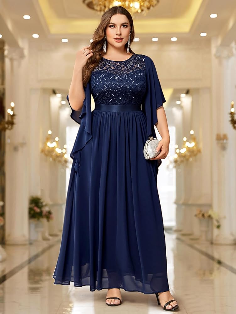 Amazon.com: Miusol Women's Plus Size Sequin Lace with Ruffle Cape Cloak  Sleeves Elegant Evening Gown Wedding Guest Maxi Dress A-Navy Blue :  Clothing, Shoes & Jewelry