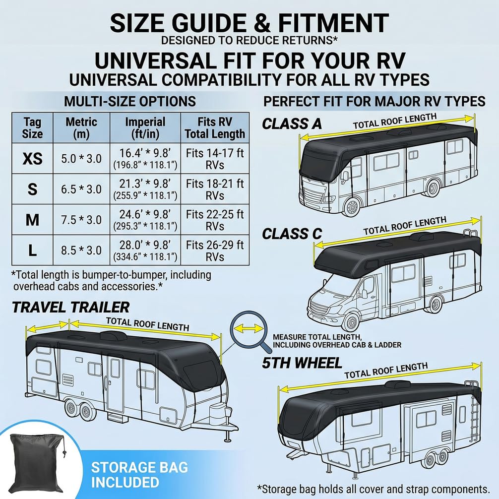 Copritetto Camper Universale in Tessuto Oxford Ultra Resistente, Telo Protezione Tetto Impermeabile 100% per Camper e Caravan, Anti-UV, Antineve e Anti-Muffa,Nero,6.5 * 3M Fits 18to21 ft