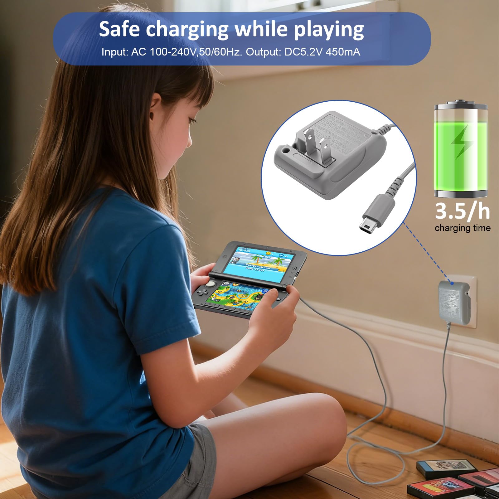 DS Lite Charger, DS Lite AC Power Adapter Kit for Nintendo DS Lite,100-240V Portable Travel Wall Charger with Foldable Plug Charging Cable & 4 Stylus Pens - 4
