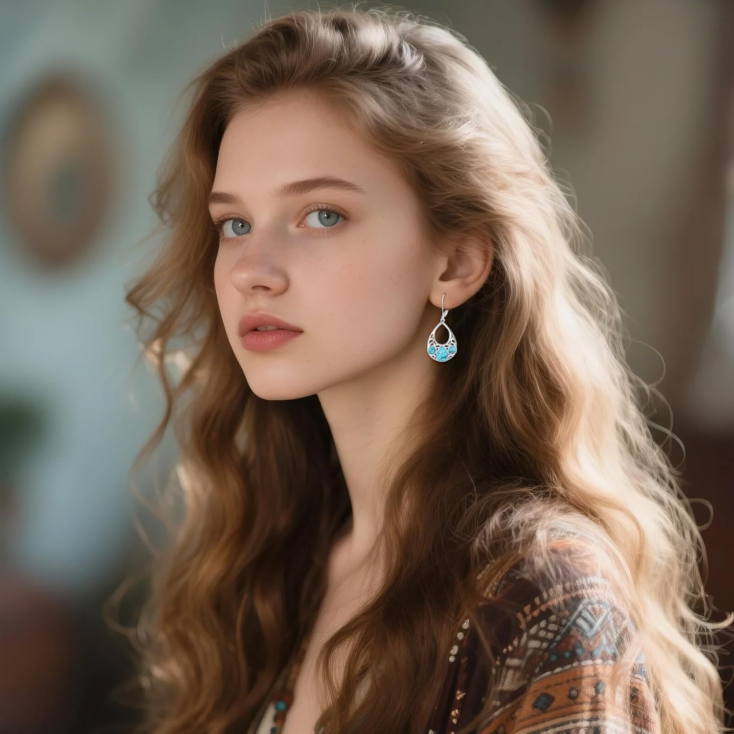 Genuine Turquoise Moissanite Dangle Earrings 925 Sterling Silver Teqrdrop/Round Turquoise Leverback Earrings Jewelry Gift for Women - Image 2