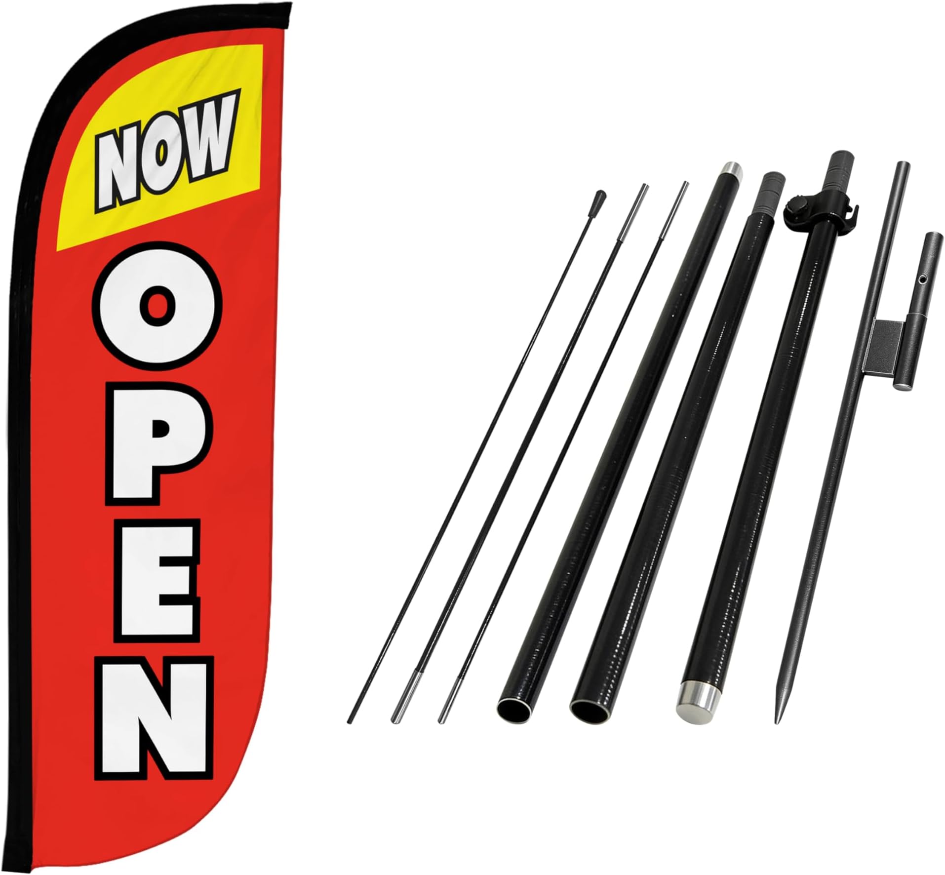 Feather Flag Pole Kit - 7 Feet Tall Advertising Banner with Fiberglass Pole Set and Ground Spike for Business Promotion - Open Flags - Now Open Red & Yellow