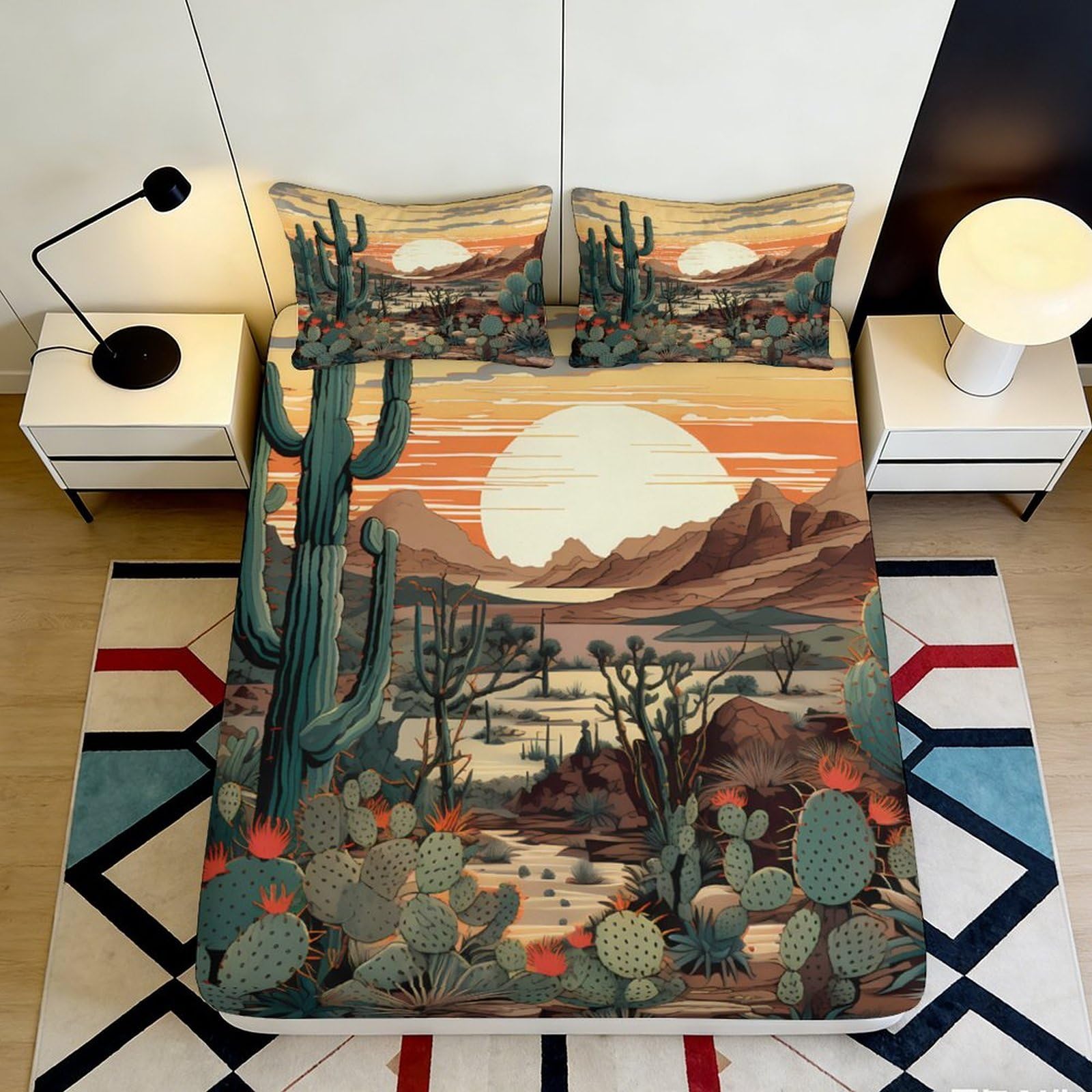 3D Printed Desert Sunset Fitted Sheet Microfiber Soft Cactus Landscape Mattress Cover for Bedroom Dorm Home Decor 200x200x25cm