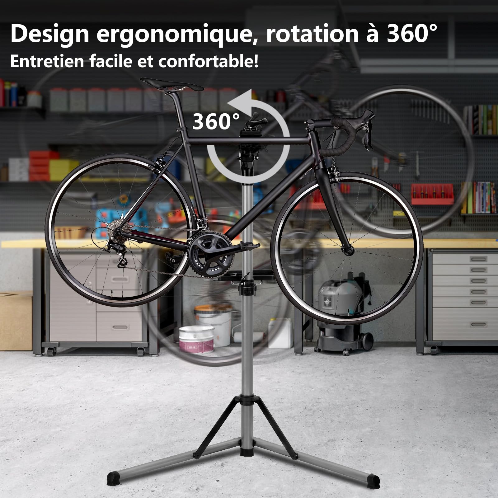 Urban Deco Support de réparation de vélo en aluminium pour l'entretien, capacité de 30,8 kg, réglable en hauteur, pince rotative à 360°, plateau à outils inclus, argent