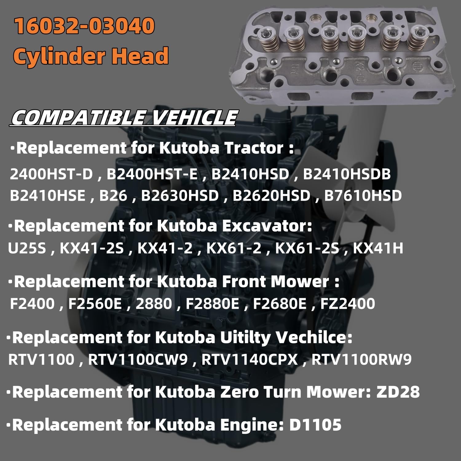 16032-03040 D1105 Kompletna głowica cylindra i pełny zestaw uszczelek zamiennik do ciągnika Kutoba RTV1100 RTV1100CW9 RTV1140CPX U25S KX41-2S KX41-2 Ciągnik 2400HST-D B2400HST-D Silniki ST-E 16032
