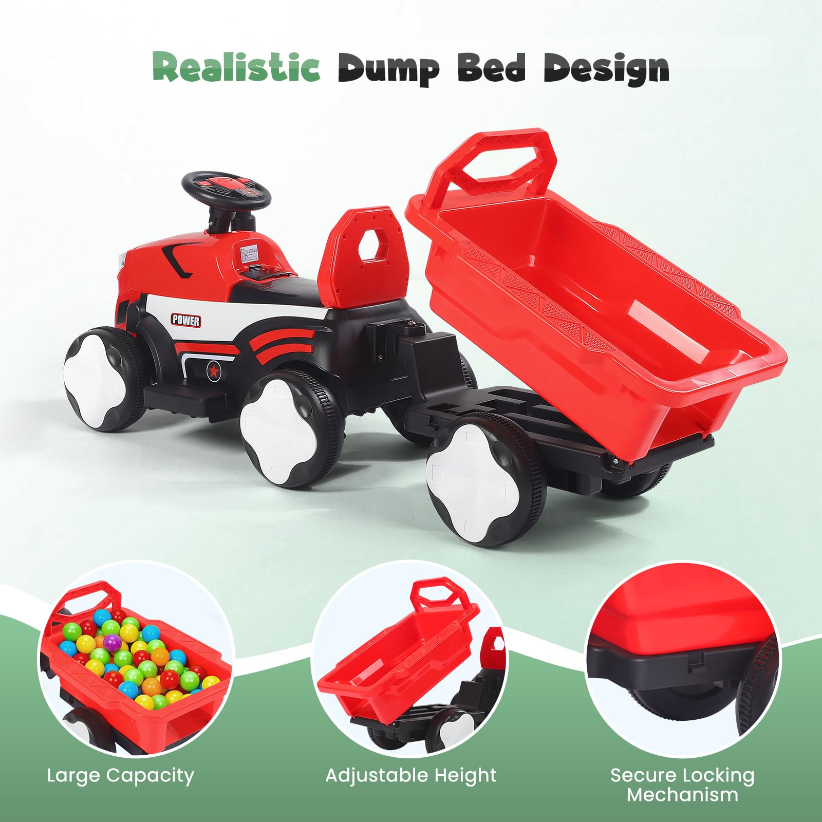 Trattore Elettrico per Bambini con Rimorchio, Telecomando, Luci LED, Musica, Capacità di Carico Fino a 30 Kg, Adatto per Bambini da 3 Anni (Rosso)
