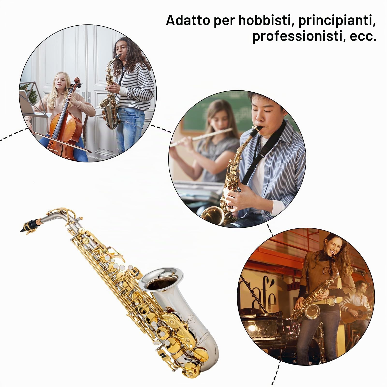Alto Saxophone,Eb Sassofono contralto Ottone E Flat Sax 802 Tipo di chiave Strumento a fiato con asta di pulizia Guanti di stoffa Cinturino Custodia imbottita