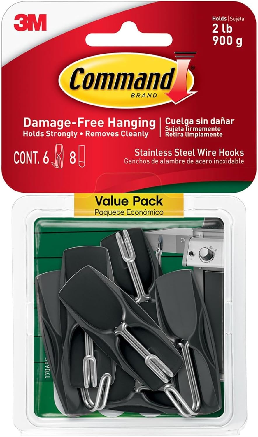 Command Outdoor Hooks [Removable] Wire Hooks, Stainless Steel [6 Hooks/Pack] (Slate