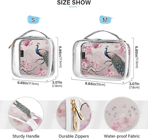 Miniatura 4 de Chinese Peacock Cherry Blossom Clear Toiletry Bag for Traveling,2 Pack Makeup Cosmetic Bag with Zipper,Travel Bag for Toiletries,Travel Essentials