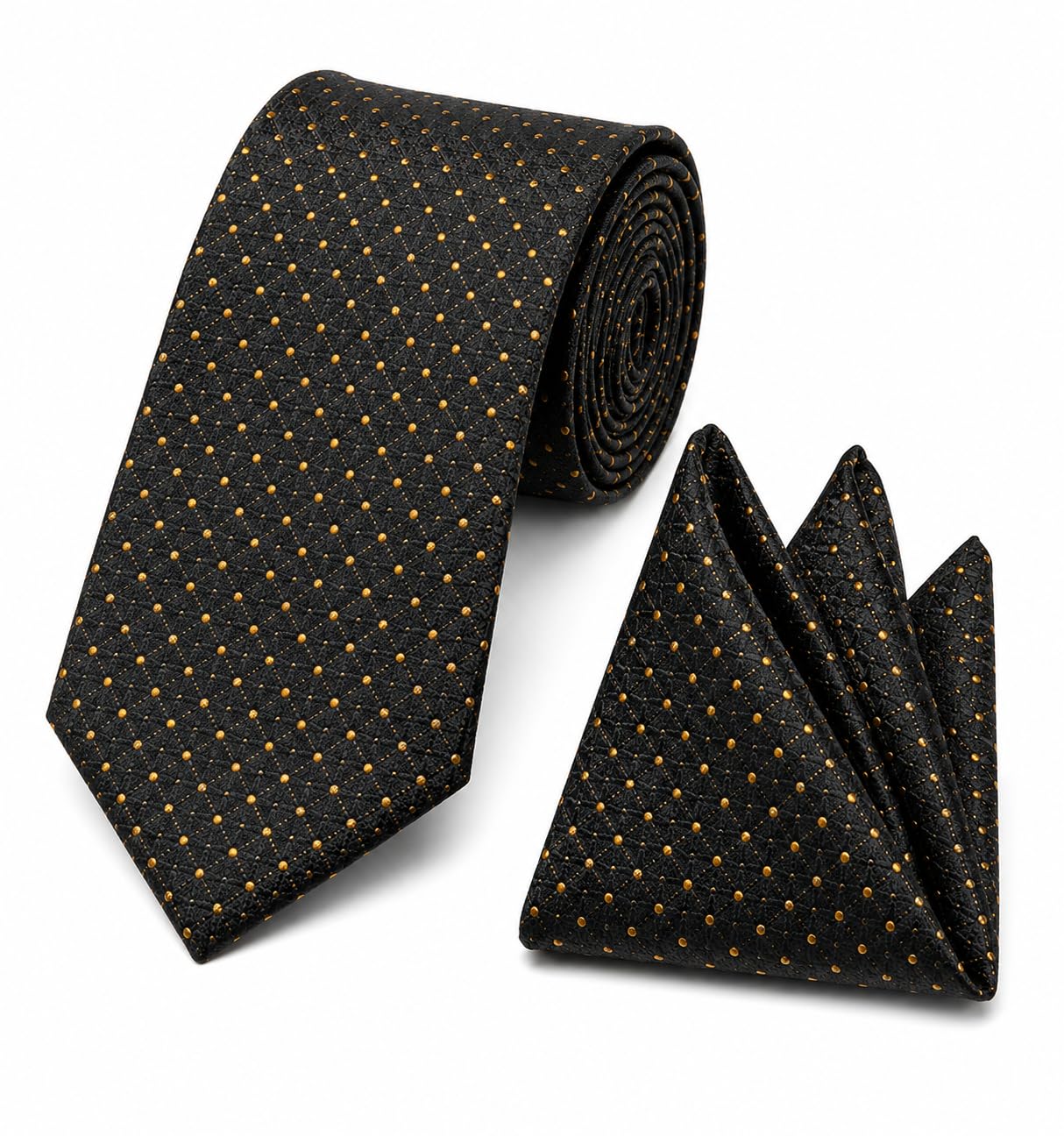 Men's Black & Gold Polka Dot Necktie and Pocket Square Set-image-31