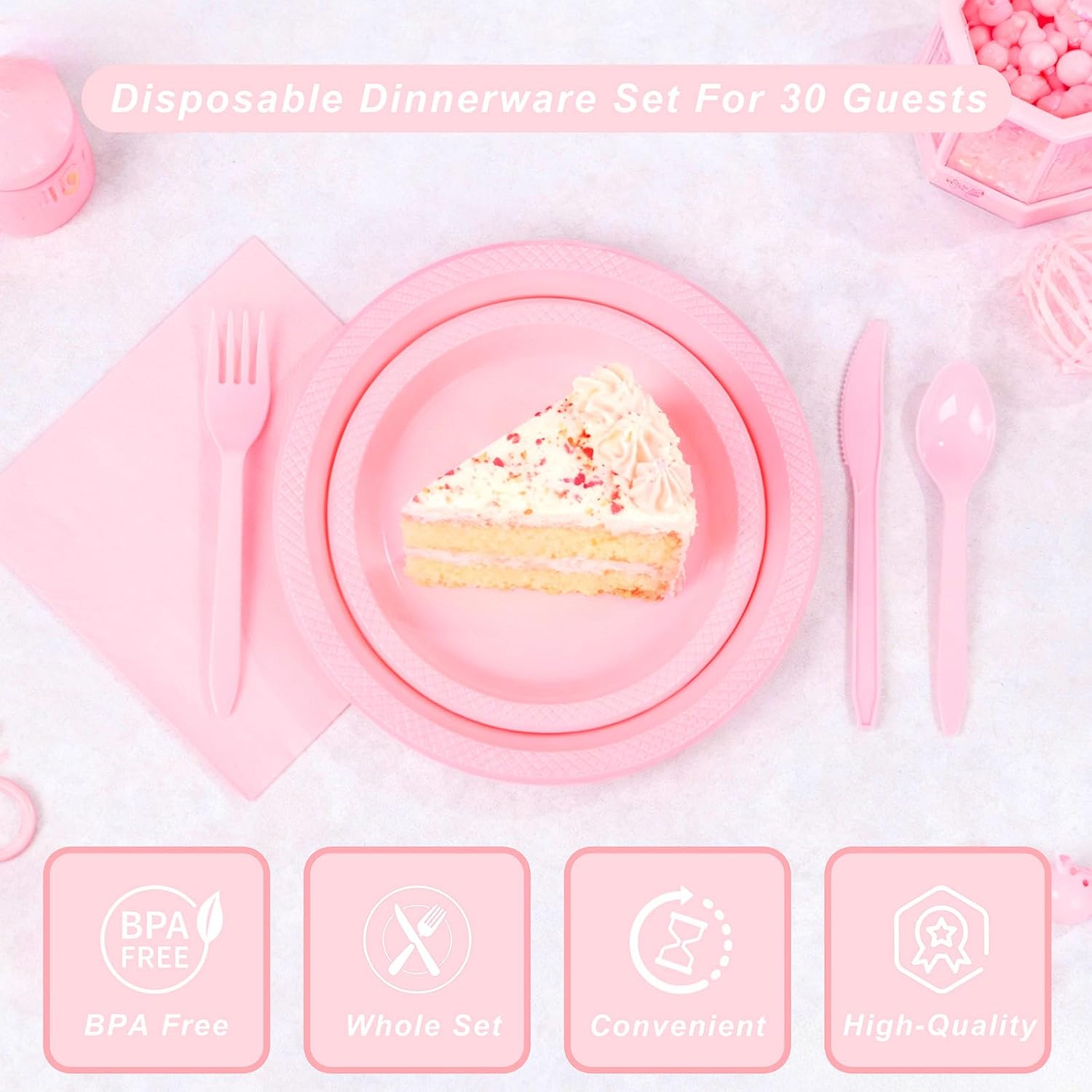 WELLIFE 210 PCS Pink Plastic Plates for 30 Guests - Disposable Dinnerware Set Including Dinner Plates, Dessert Plates, 12oz Cups, Cutlery & Napkins, Pink Party Plates for Valentines and Galentines - Image 3