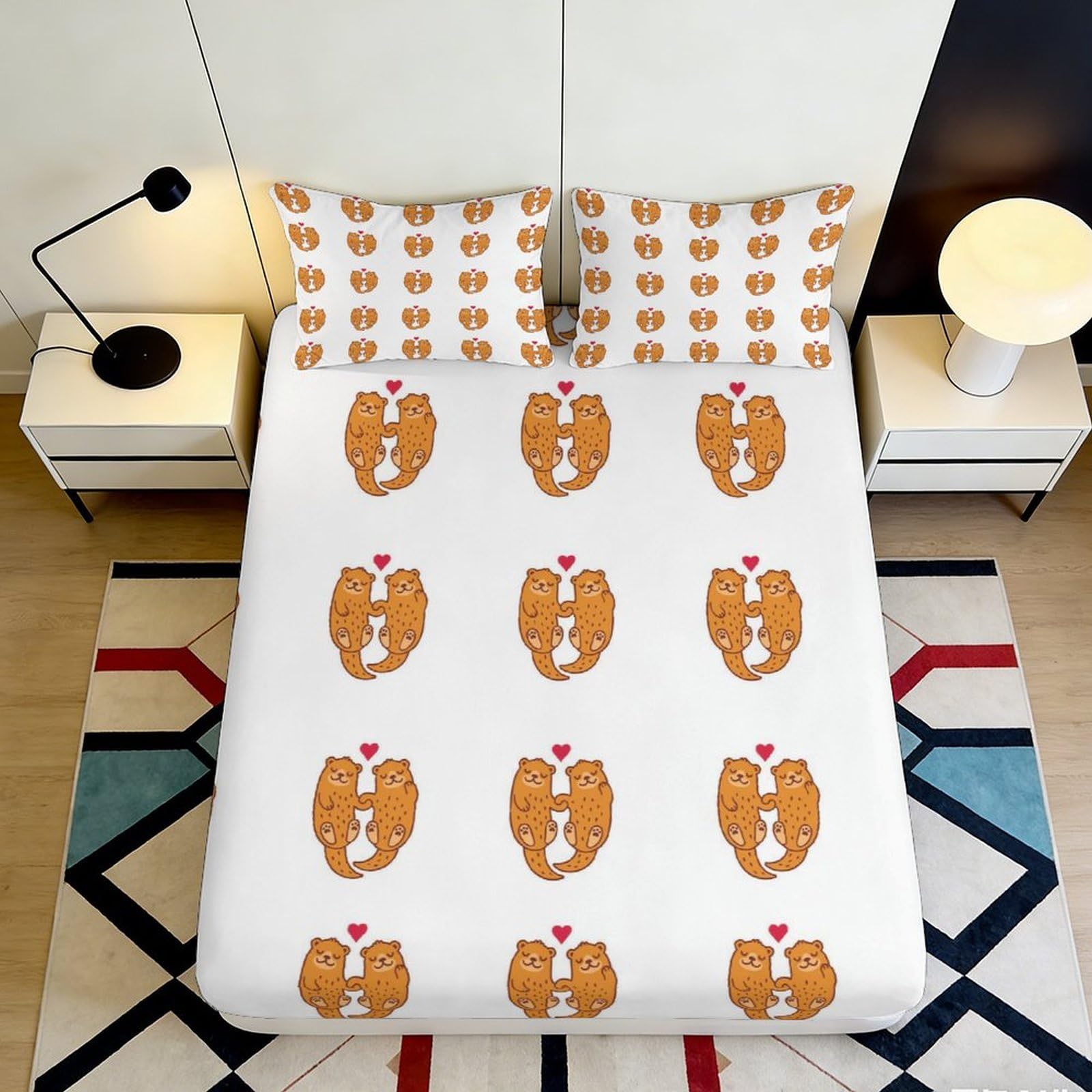 3D Printed Cute Otter Love Fitted Sheet Microfiber Soft Non Slip Mattress Cover for Bedroom Dorm Decor, Easy Care, White 200x200x25cm