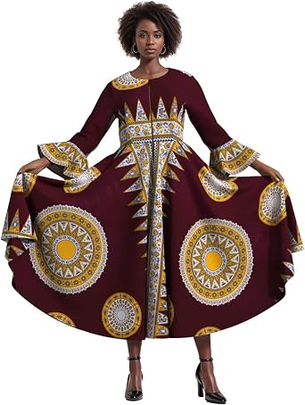 BAZINRICHE African Dress for Women Wax Print Ankara Long Sleeve Dresses Plus Size Clothing
