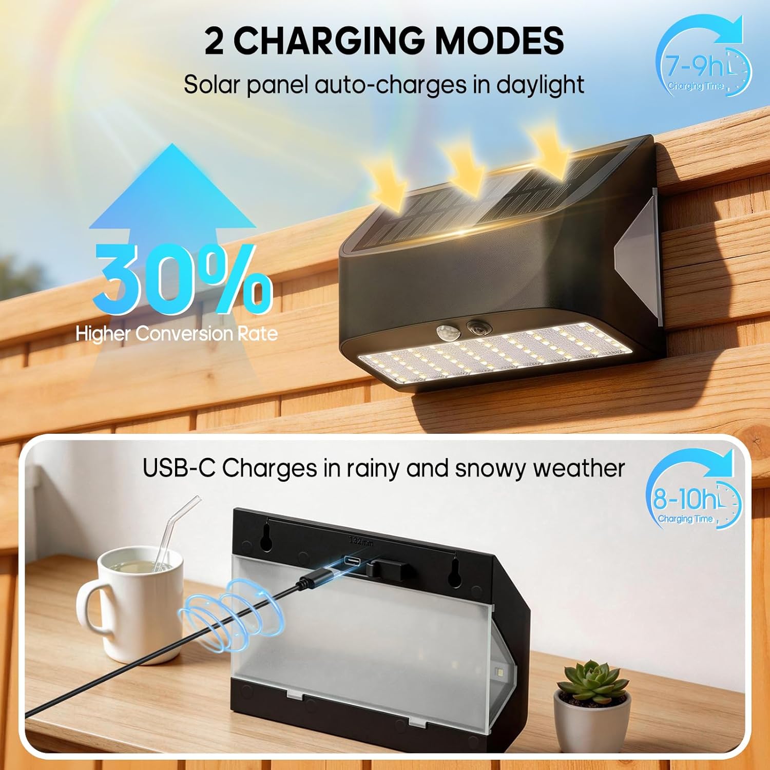 Solar Motion Lights Outdoor, 1200LM 6500K Solar Security Wall Lights with Backlight and USB Charging Port, IP65 Waterproof Solar Flood Light for Fence Driveway Patio Garage Porch Sconce (2 Packs)