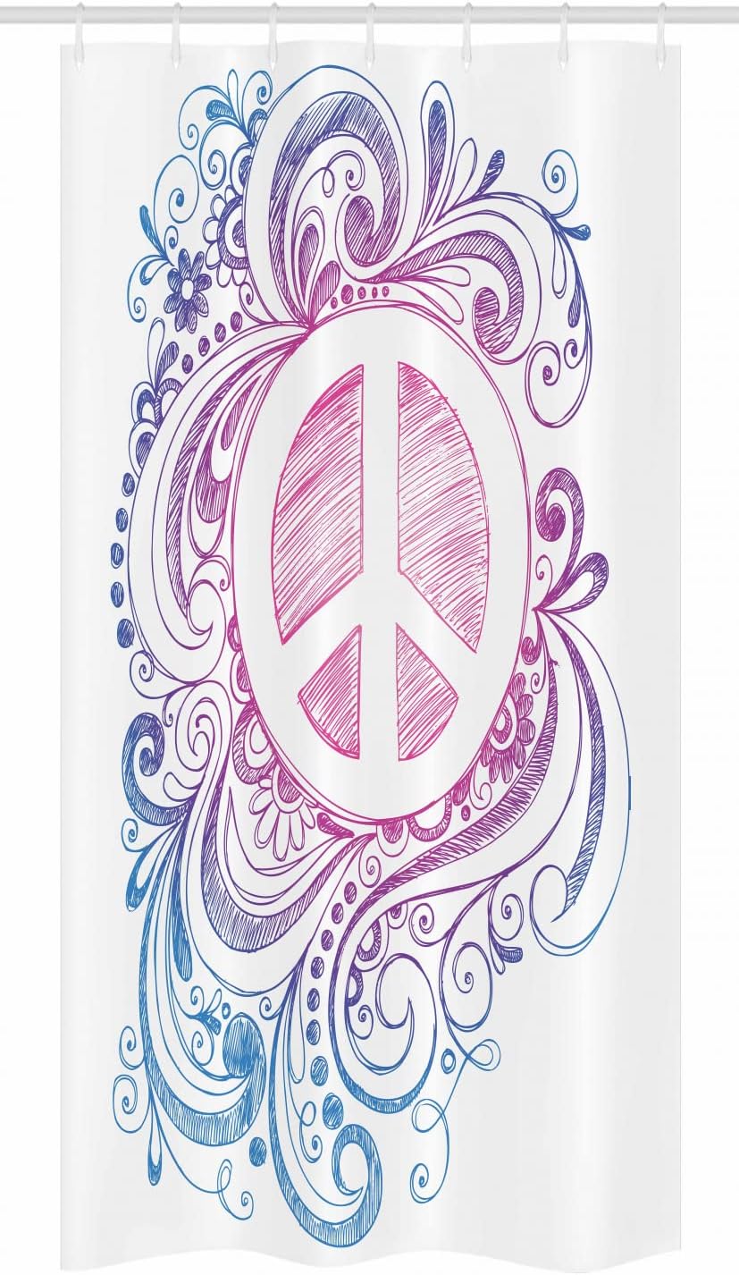Ambesonne Groovy Stall Shower Curtain, Classic Hand Drawn Style Peace Sign and Swirls Freedom Change Hope Roll, Fabric Bathroom Decor Set with Hooks, 36" W x 72" L, Pink Blue White