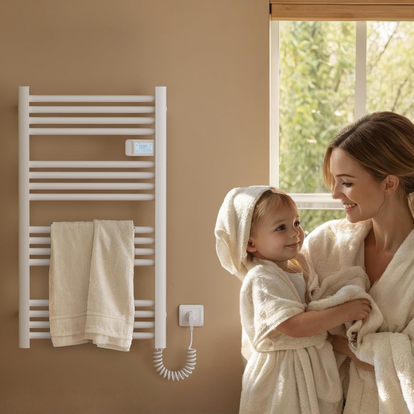 EMKE Termoarredo elettrico 120x40cm, 450W, Radiatore da bagno con display digitale, scaldasalviette elettrico bagno diritto (Bianco)