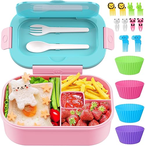 TIME4DEALS Lonchera Bento para niños y adultos, 4 compartimentos con tenedor y cuchara, sin BPA, a prueba de fugas, estilo bento, apta para el
